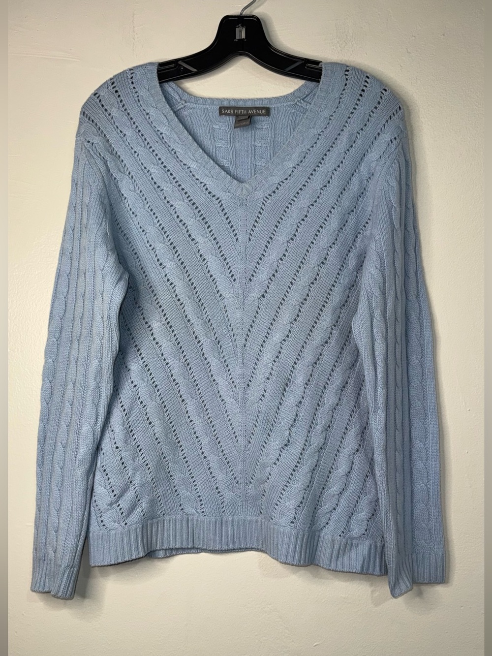 Saks Fifth Avenue Cashmere Light Blue V-Neck Cable & Chevron Knit Sweater